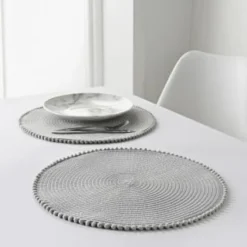 B&M Grey Round Pom Pom Placemats 4pk