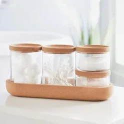 B&M Storage Jars 5pk -Cheap Warm House Furnish Store 373970 set of 4 glass storage jars with cork lids and tray