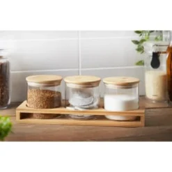 B&M Natural Home Glass Jars In Bamboo Stand 3pk -Cheap Warm House Furnish Store 380530 3pk natural home glass jars in bamboo stand 2