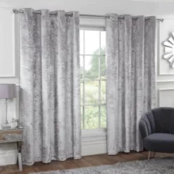 B&M Versailles Silver Crushed Velvet Fully Lined Curtains 46 X 54"