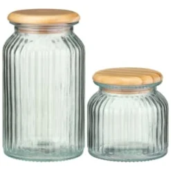 B&M Large Ribbed Glass Jar With Wooden Lid -Cheap Warm House Furnish Store 394426 394427 ribbed glass jar with wooden lid group 1
