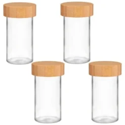 B&M Set Of 4 Glass Spice Jars With Bamboo Wood Base -Cheap Warm House Furnish Store 394437 set of 4 glass spice jars with bamboo wood lid and base group