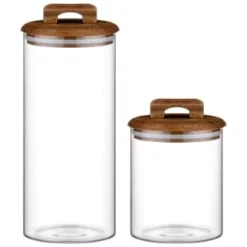 B&M Small Glass Jar With Acacia Wood Lid -Cheap Warm House Furnish Store 394438 394439 glass canister with acacia wood group